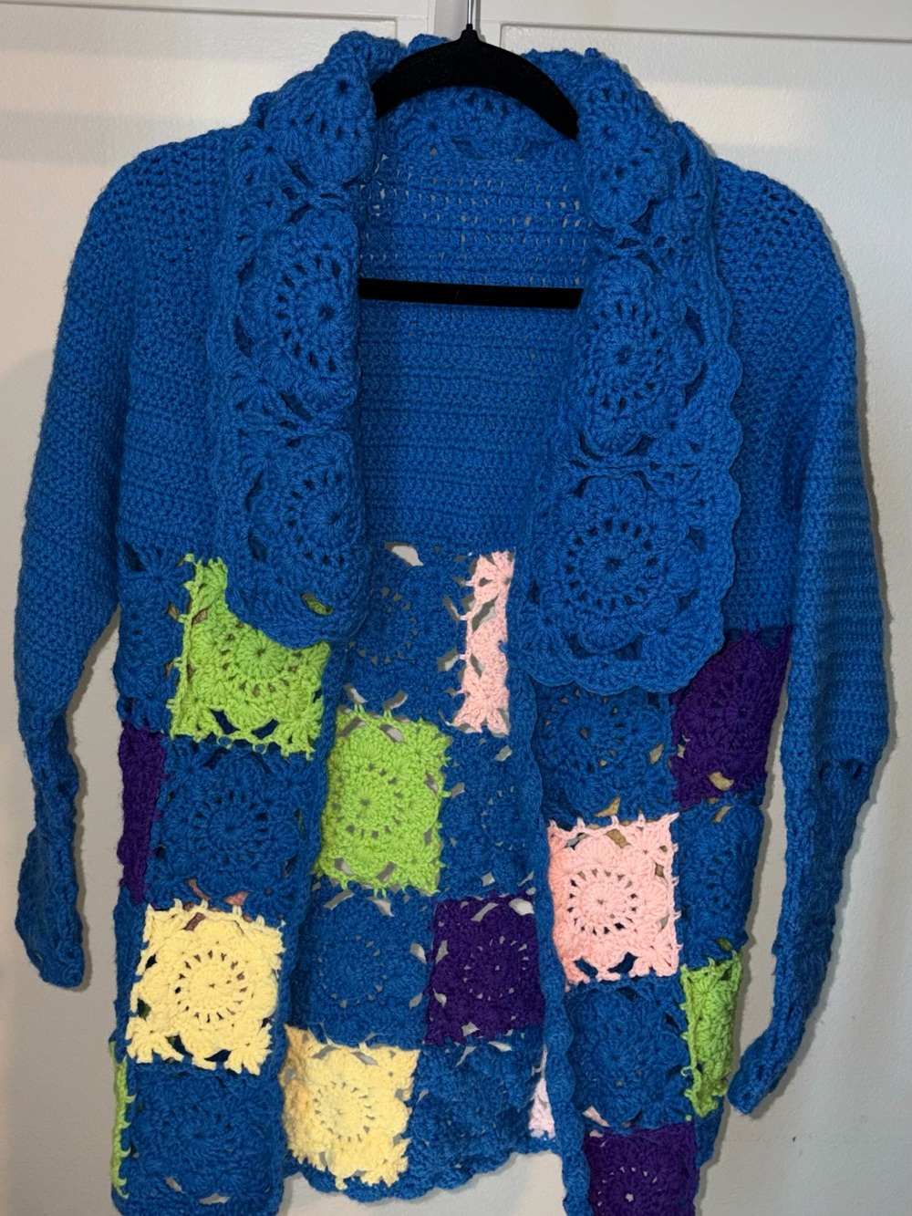 Blue Crochet Patchwork Open-Front Womenโs Sweater
